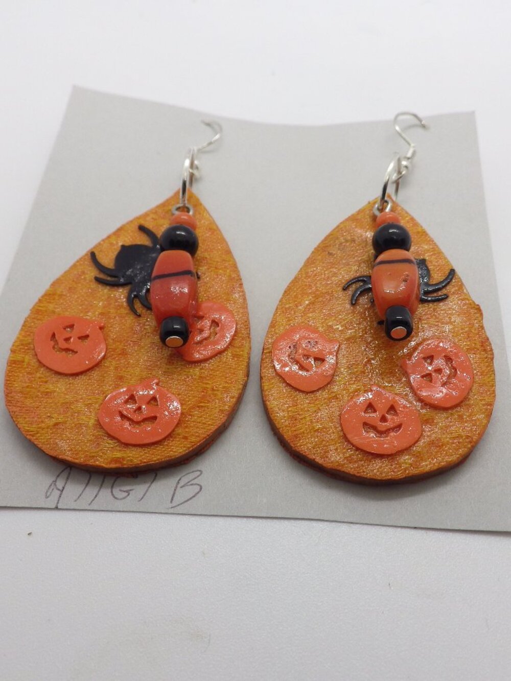 Handcrafted from wood & fabric Halloween Earrings Pumpkin - Spiders 902G1